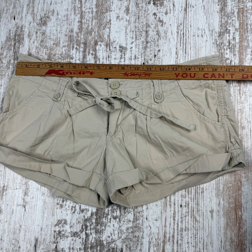 VTG Y2K Hollister Khaki Chino Mini Micro Shorts Size 3 Tie Waist Ultra Low Rise - Picture 5 of 7